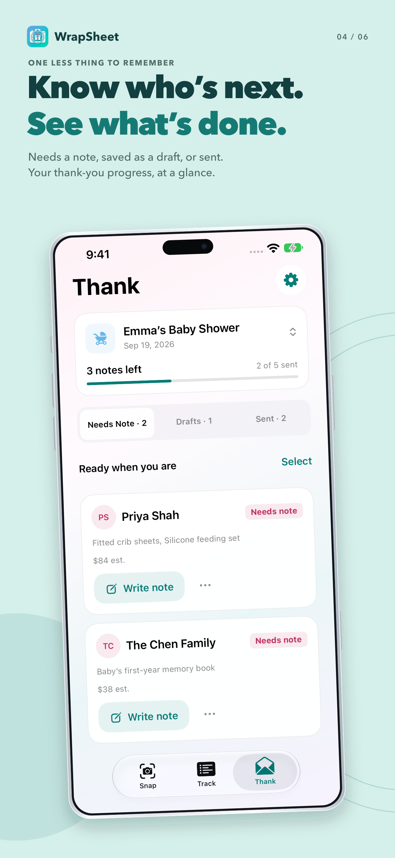 WrapSheet Thank queue: Know who's next. See what's done.