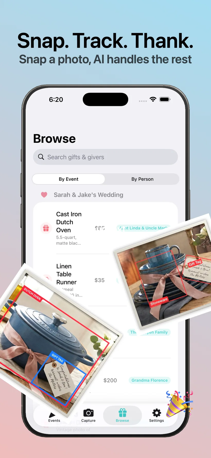 WrapSheet browse screen with gifts and givers